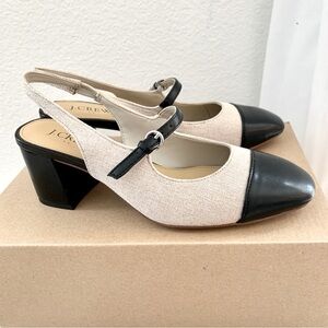 J. CREW Factory Mary Jane Slingback Heels Two Tone Black Tipped Canvas
